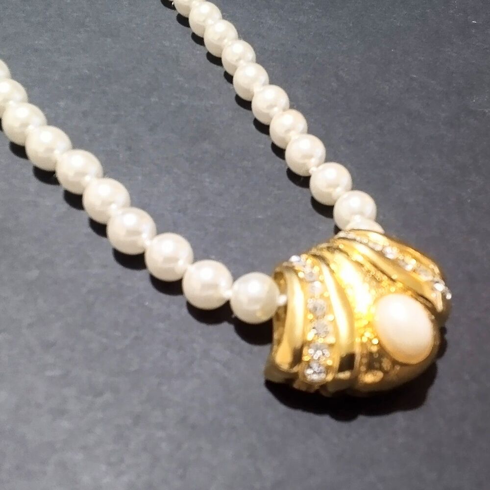Vintage 24" Hand Knotted Faux Pearl Necklace Gold Tone Slide Enhancer - Picture 5 of 6